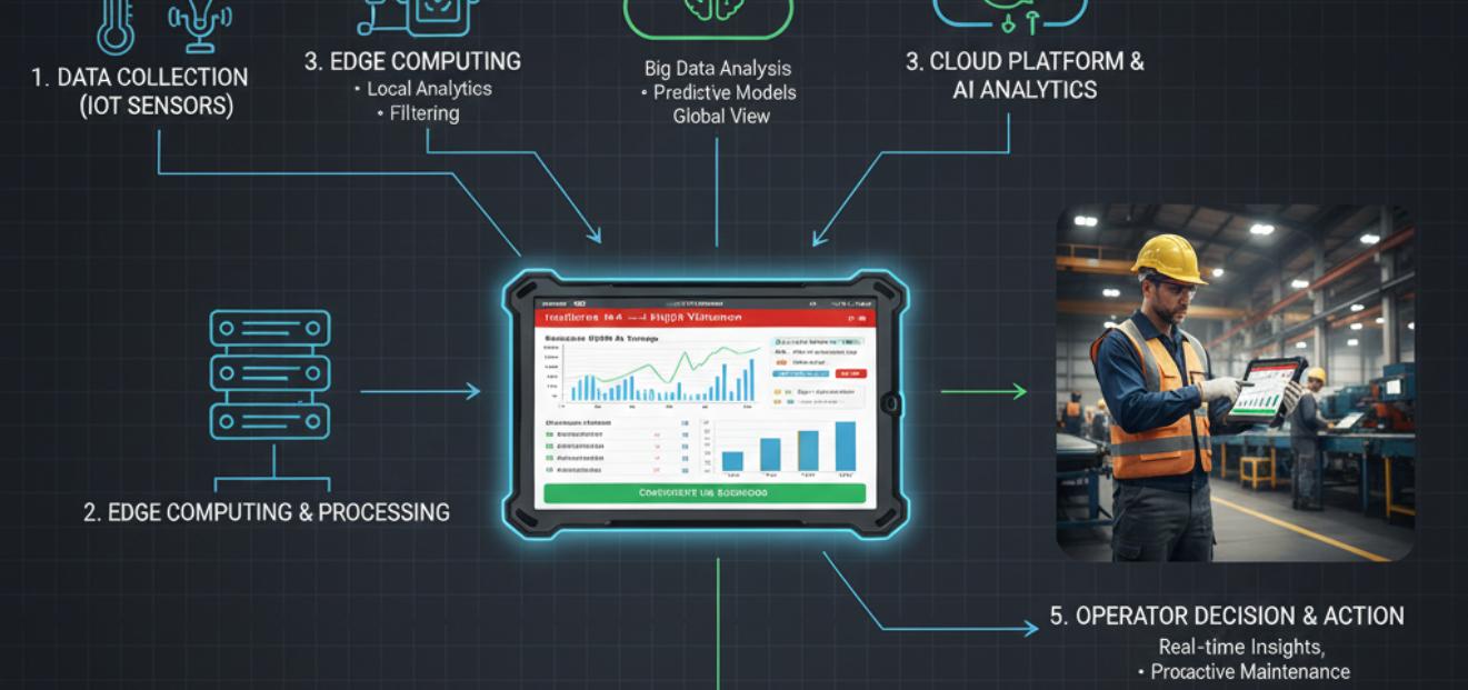 Chaîne IIoT depuis la collecte par capteurs jusqu'à la décision de l'opérateur, avec Edge Computing, Cloud et analytique.