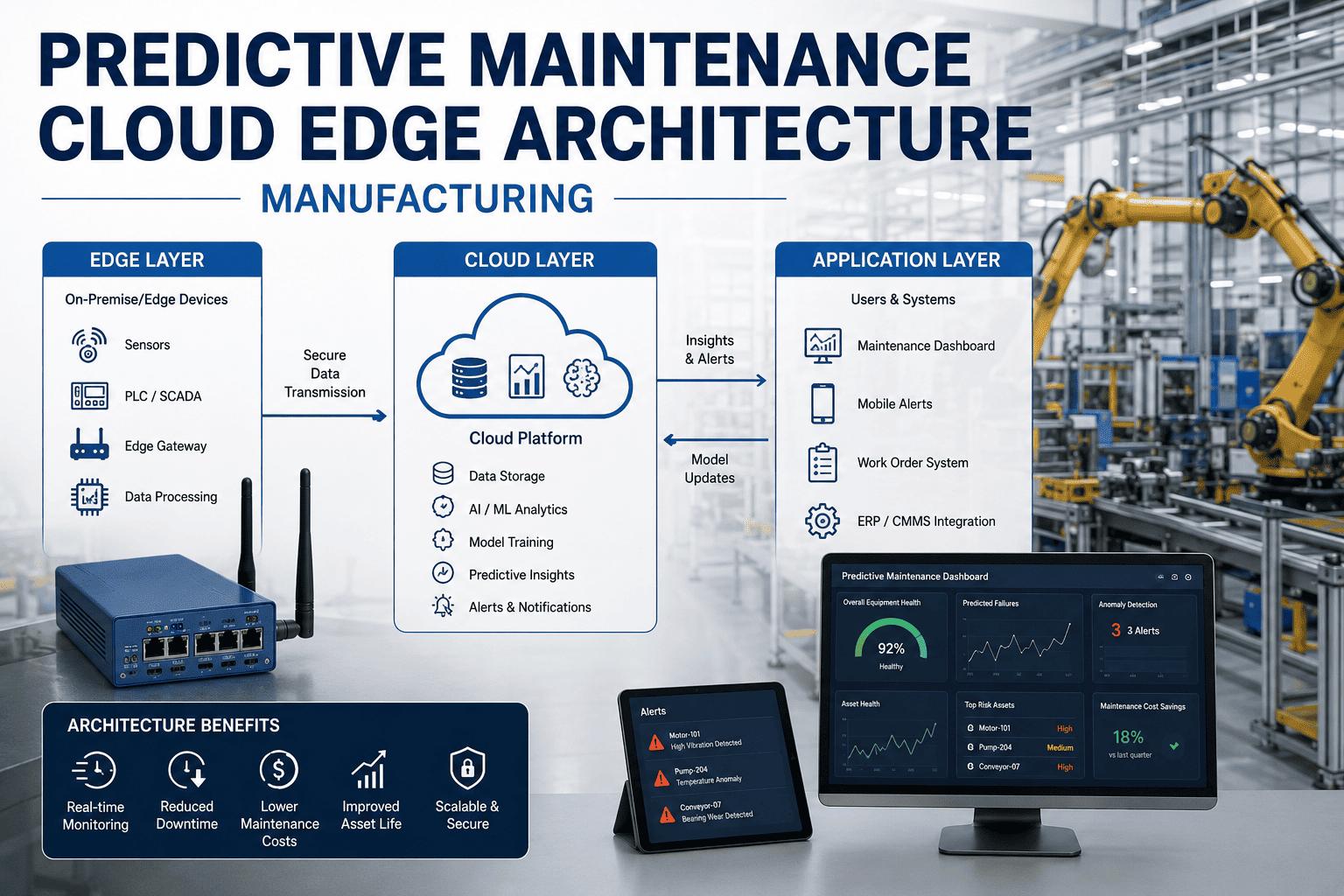 Architecture de maintenance prédictive articulant couche Edge, Cloud et applications de maintenance.