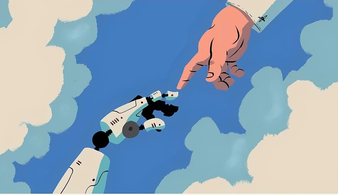 Illustration d’une main humaine et d’une main robotique se rejoignant, symbole de coopération entre intelligence humaine et intelligence artificielle